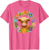 Highland Cow Lover Gifts Apparel and More Highland Cow Flowers Wreath Floral Farm Scottish Country T-Shirt - Pink Heather
