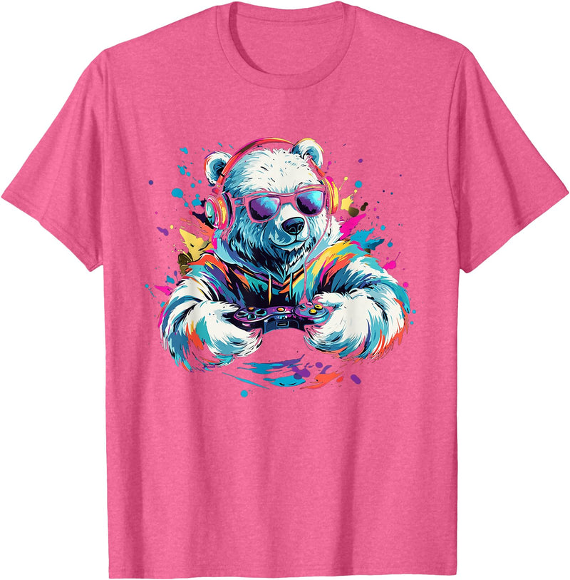Colorful artistic polar bear gamer animal motifs Gaming Polar Bear Colorful Headset Art Gamer Polar Bear T-Shirt - Pink Heather