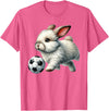 Cute Bunny Soccer Player Rabbit Kicking Ball T-Shirt in Pink Heather