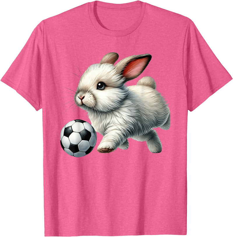 Cute Bunny Soccer Player Rabbit Kicking Ball T-Shirt in Pink Heather