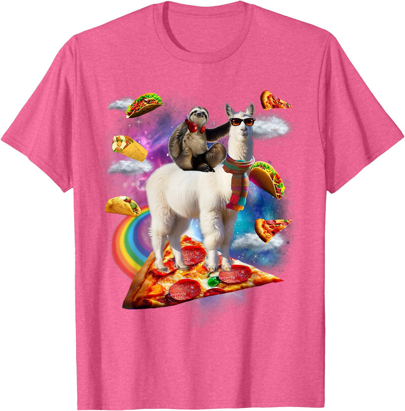 Funny Rainbow Sloth Llama in space Co. Sloth Llama Galaxy Pizza Taco Burrito Rainbow Funny Surreal T-Shirt - Pink Heather