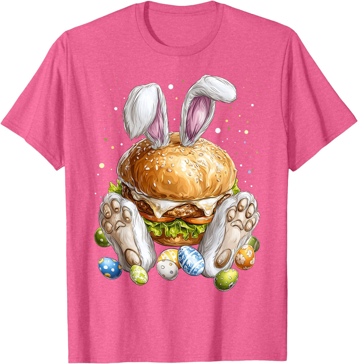 Burger Hamburger Easter Rabbit Eggs Bunny Ears T-Shirt in Pink Heather