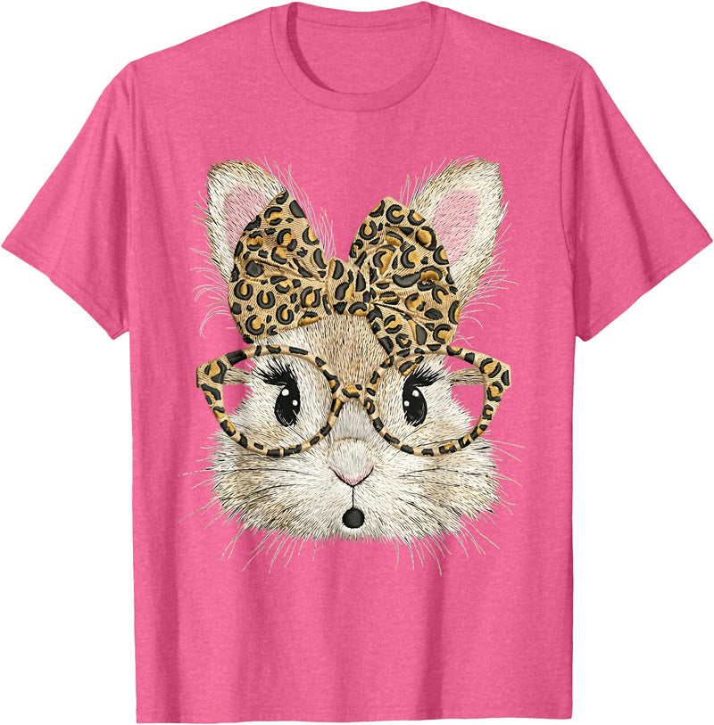 Funny Bunny Face Glasses Bandana Leopard Rabbit Happy Easter T-Shirt in Pink Heather