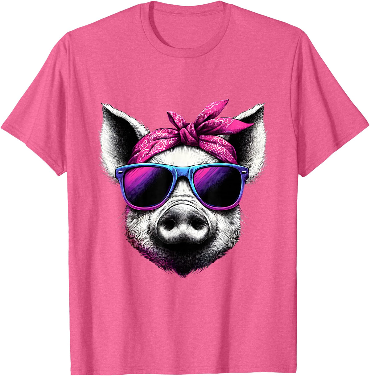 Fashionable Animals Wearing Pink Bandanas Pig Wearing Pink Bandana Headband and Sunglasses T-Shirt - Pink Heather