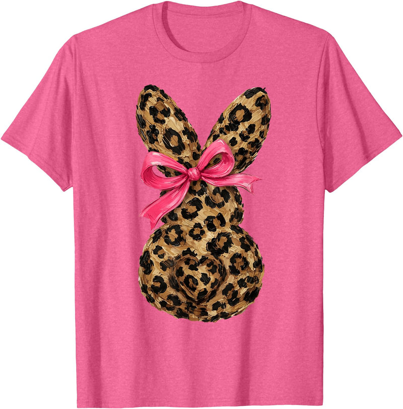Funny Bunny Coquette Bow Rabbit Leopard Easter T-Shirt in Pink Heather