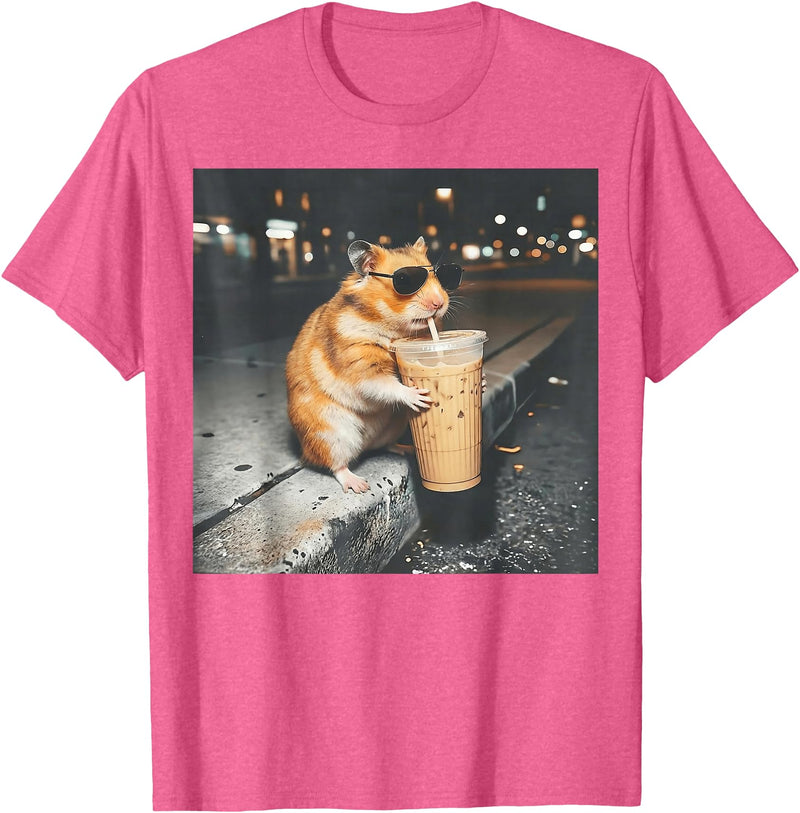 Hamster Drinking Iced Coffee Funny Animal Meme Men Women T-Shirt - Pink Heather