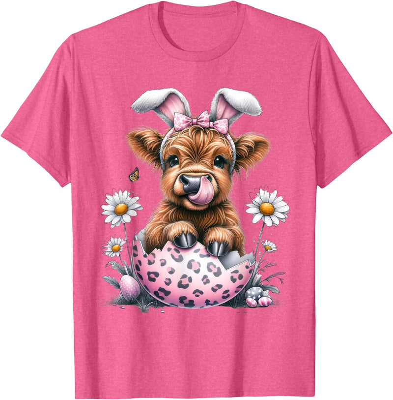 Funny Cow Easter Rabbit Cute Highland Cows Lover Easter Day T-Shirt - Pink Heather