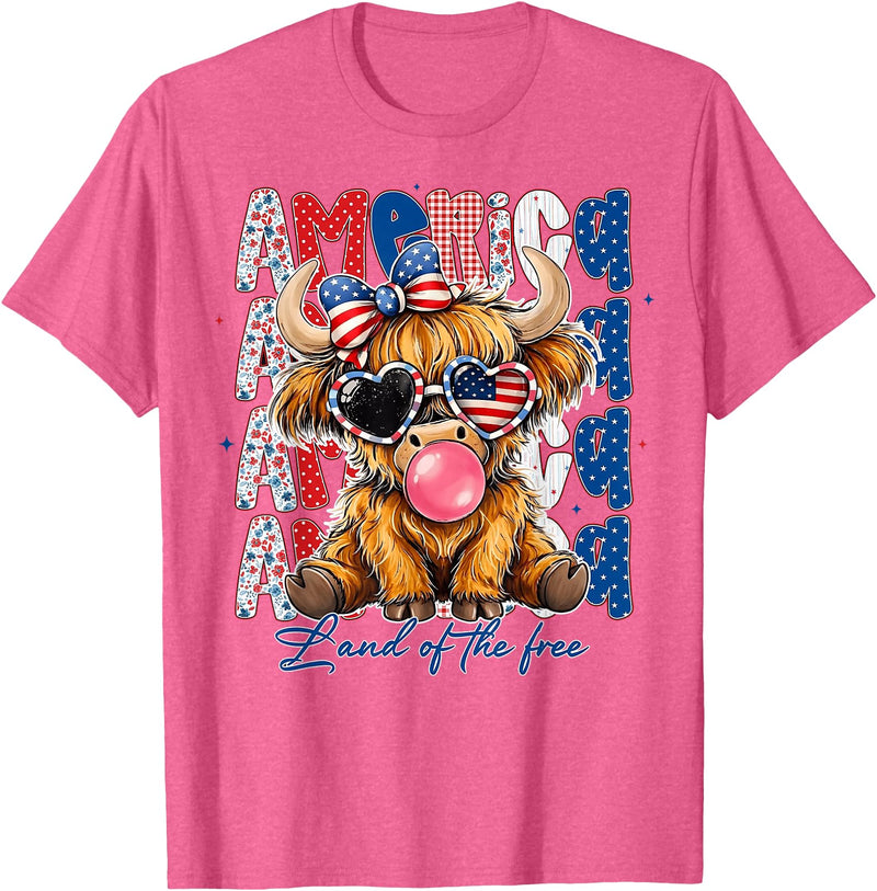 Cute Cow Creations Highland Cow 4th of July, Patriotic Cowgirl Bow Design T-Shirt - Pink Heather