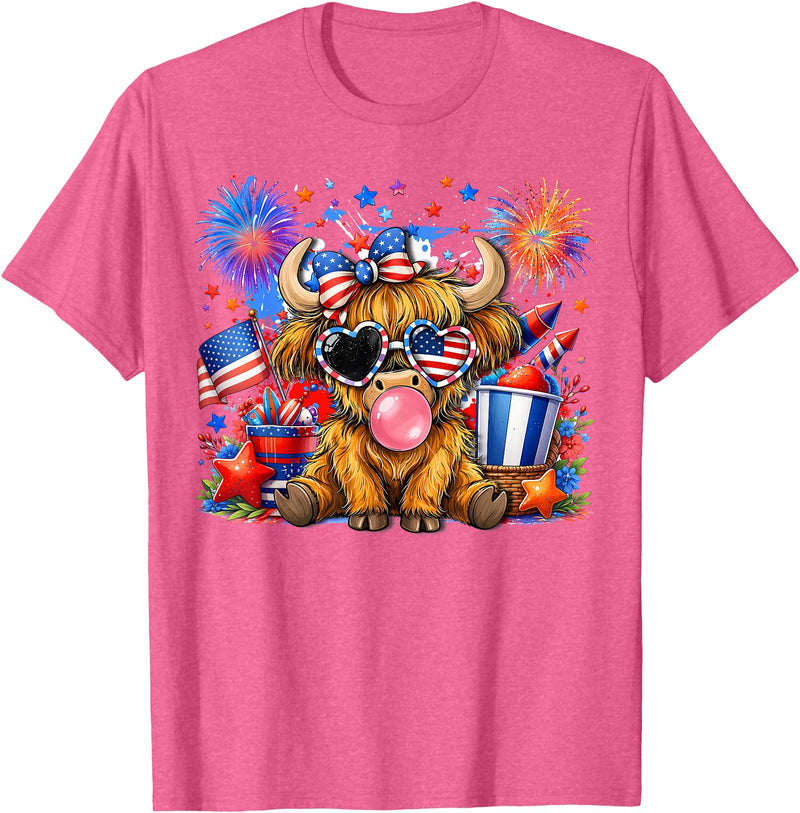 July 4th Highland Cow Farm Lovers America Tees 4th of July Highland Cow Patriotic Cow Farmer Men Women Kids T-Shirt - Pink