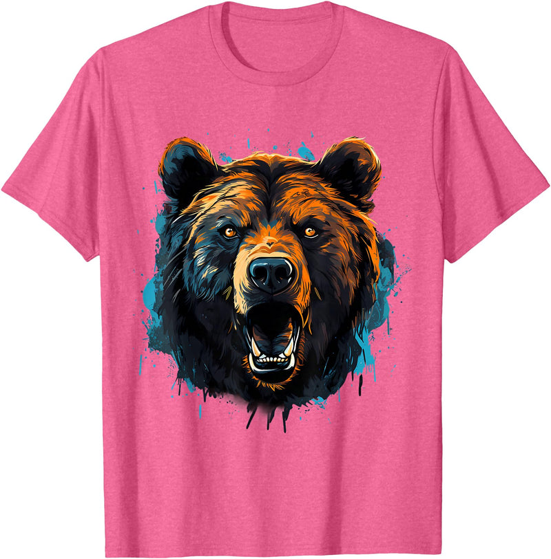 Forest Animal Art Bear Portrait Splash Forest Artwork Animal Lovers Motif T-Shirt - Pink Heather