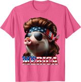 Funny Mullet Farm Pig Patriotic Pig Merica Mullet 4th of July And Father's Day Man Funny T-Shirt - Pink Heather