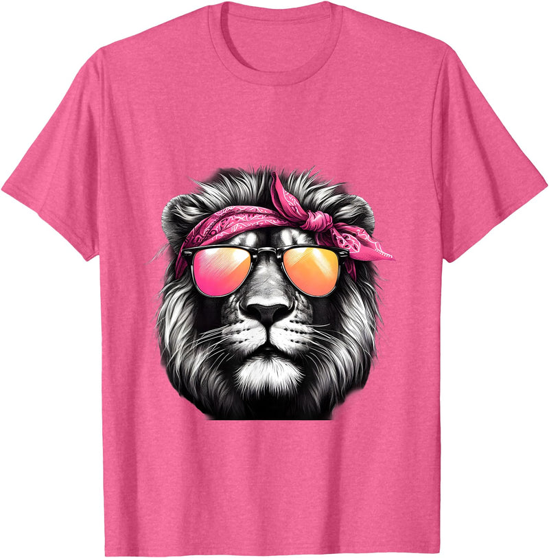Fashionable Animals Wearing Pink Bandanas Lion Wearing a Pink Bandana Headband and Sunglasses T-Shirt - Pink Heather