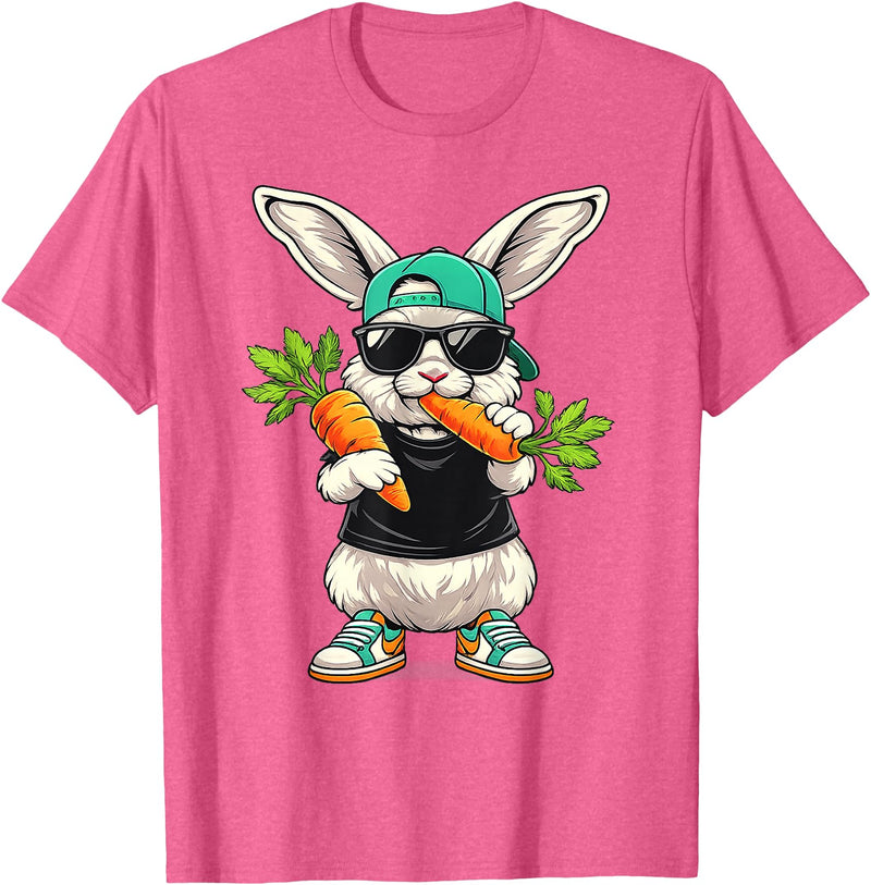 Funny Easter Bunny with Carrot Rabbit Easter Boys Kids Men T-Shirt in Pink Heather