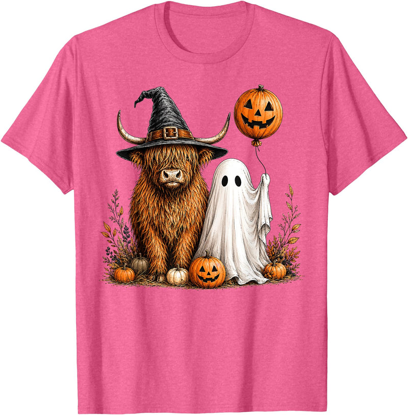 Fall Highland Cow Ghost Autumn Pumpkin Halloween Halloween Highland Cow, Spooky Highlander Cow Fall T-Shirt - Pink Heather