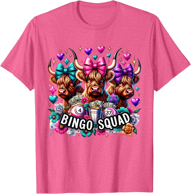 Highland Cow Bingo Player Gambler Lottery Player Highland Cow Bingo Squad Player Gambler Lottery Game Lovers T-Shirt - Pink