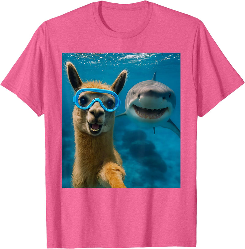 Selfie Llama and Shark Summer Scuba Diving Funny Llama Selfie with Shark Ocean Lovers T-Shirt - Pink Heather