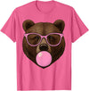 Bear Face Wearing Glasses Apparel For Women ladies Cute Bear Face Eating Gum and Makes Bubble Funny Bears Women T-Shirt - Pink Heather