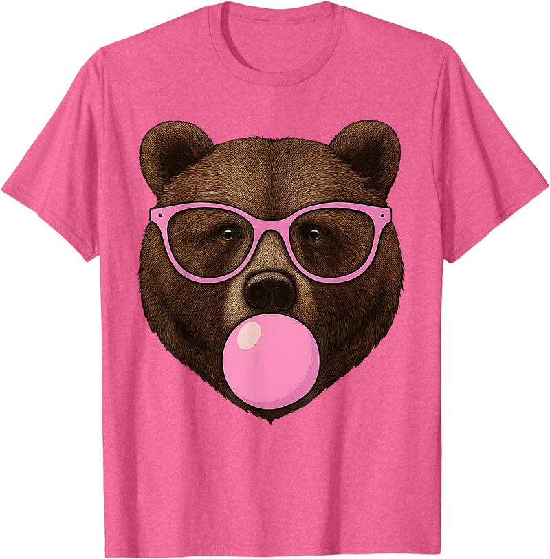 Bear Face Wearing Glasses Apparel For Women ladies Cute Bear Face Eating Gum and Makes Bubble Funny Bears Women T-Shirt - Pink Heather