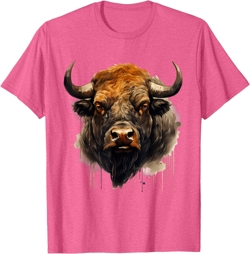 Safari Animal Art Buffalo Animal Print Portrait Bison Nature Artwork T-Shirt - Pink Heather