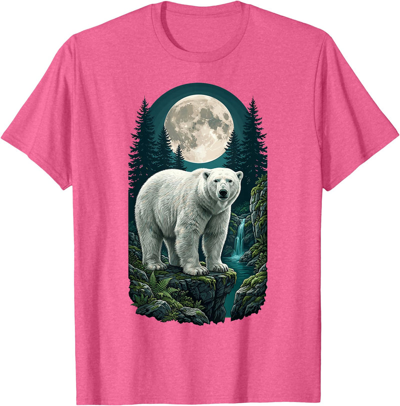 Polar Wilderness Fan Wildlife Lover Polar Bear Full Moon Night Forest Wildlife Nature Lover T-Shirt - Pink Heather