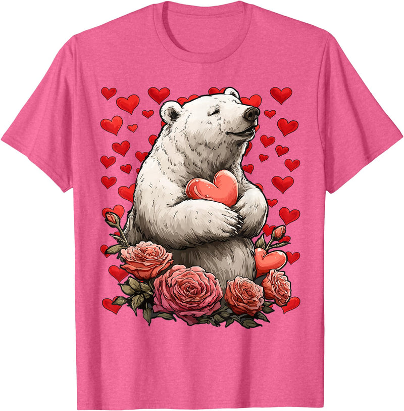 Romantic Animals Valentine’s Day Presents Cute Polar Bear with Red Roses Hearts Valentine’s Day Animal T-Shirt - Pink Heather