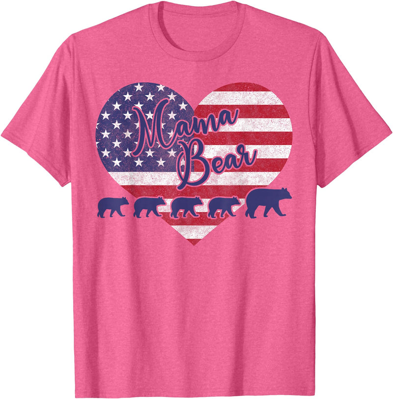 Mama Bear 4th of July Shirt 4 Cubs USA Flag Heart T-Shirt - Pink Heather