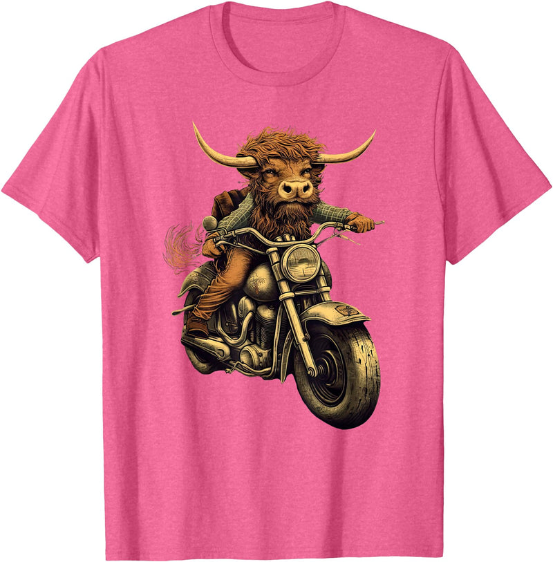 Scottish Highland Cow motorcycle Lovers gift Scottish Highland Cow Cattle Hairy Cow Rides motorcycle men T-Shirt - Pink