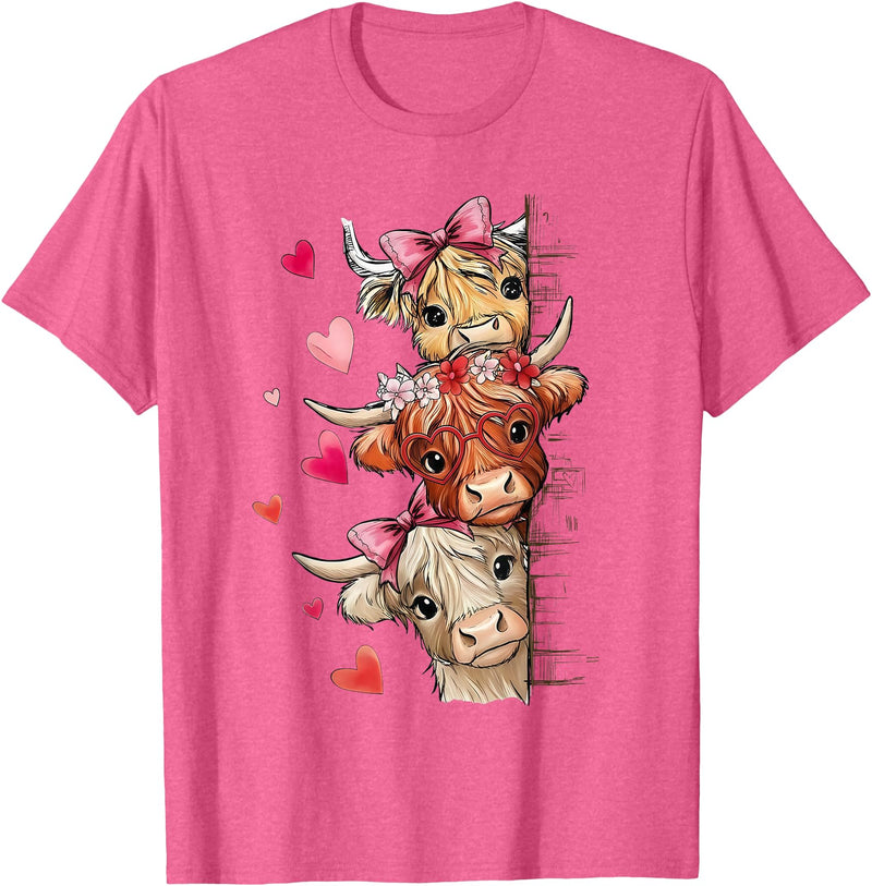 Cute Highland Cow Valentine Cow Lover Cute Highland Cow Trio Hearts Valentine Farm Animal T-Shirt - Pink Heather