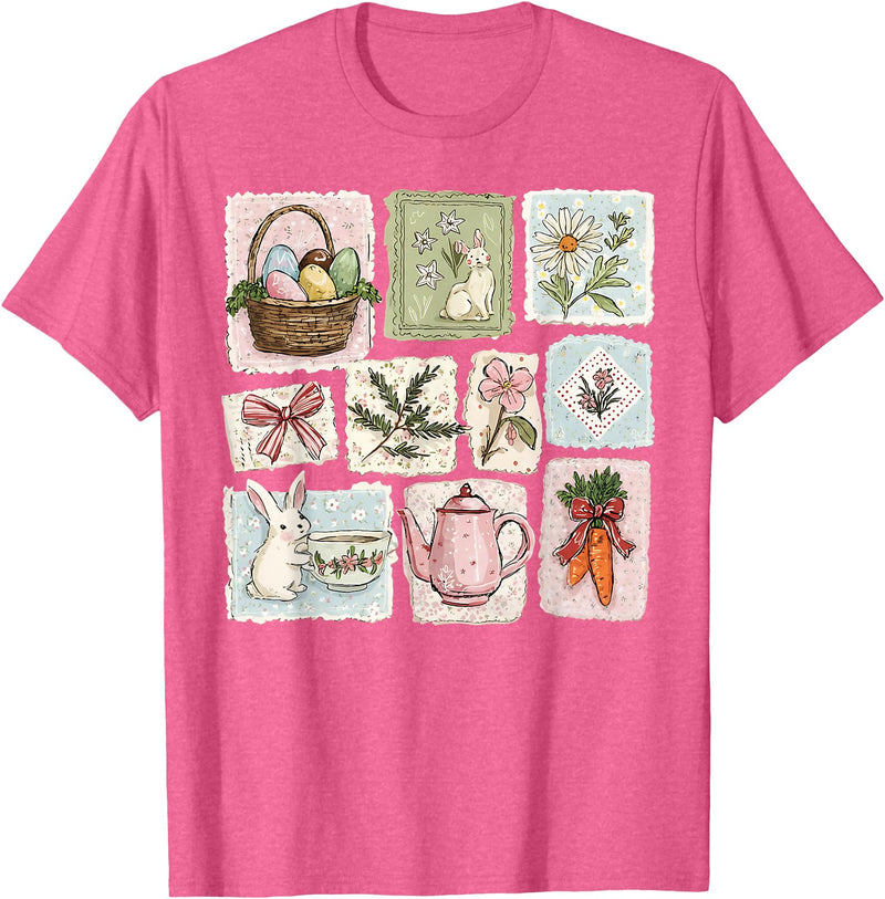 Floral Coquette Spring Easter Bunny Vintage Happy Easter T-Shirt in Pink Heather