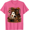 Retro Ghost Reading Funny Halloween Spooky Book Lover T-Shirt - Pink Heather