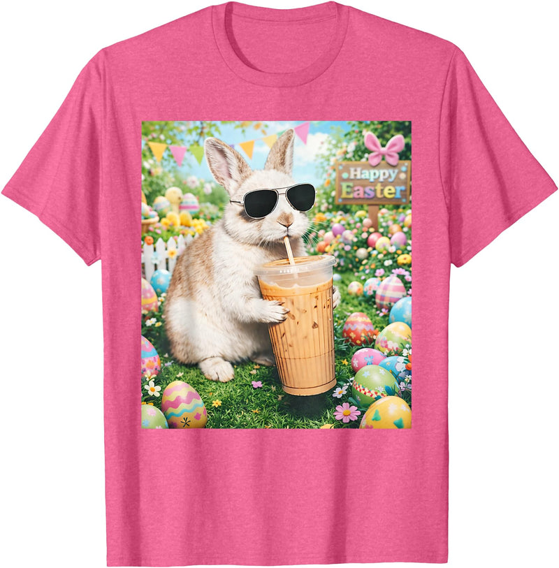Rabbit Drinking Iced Coffee Funny Easter Bunny Men Women T-Shirt (Black) in Pink Heather