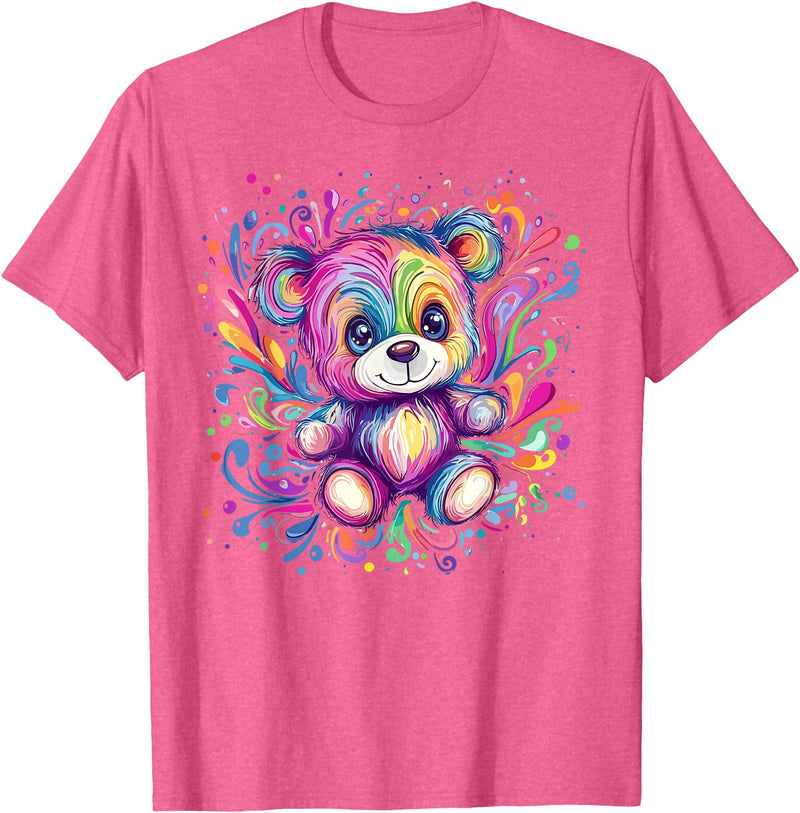 Vibrant Colorful Teddy Bear Illustration Rainbow Splash Teddy Bear T-Shirt - Pink Heather
