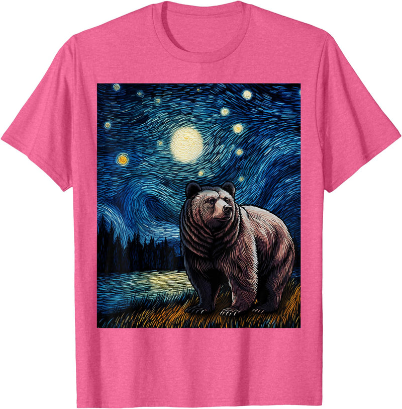 Starry Night Wildlife Graphic Grizzly Bear Van Gogh Starry Night Grizzlies Animal T-Shirt - Pink Heather