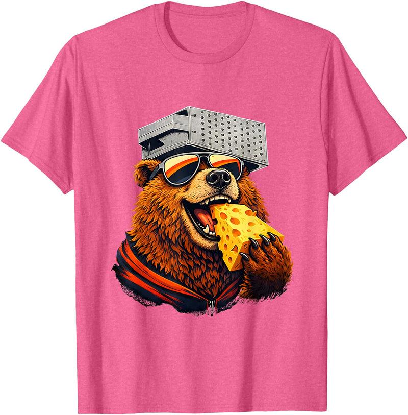 Retro Bear with Cheese for Boys Funny Animal humor Retro Bear Eating Cheese with a Grater Hat T-Shirt - Pink Heather