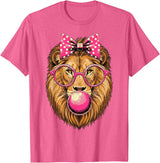 Magical and Funny Lion Gifts Lion with Bubble Gum and Pink Bow T-Shirt - Pink Heather