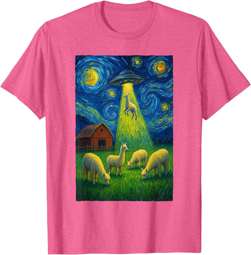 Farming UFO Llama Starry Night Painting Design Llama Alien UFO Abduction Starry Night Farmers T-Shirt - Pink Heather
