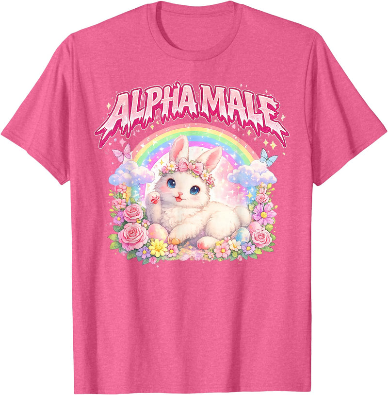 Cute Bunny Rainbow Floral Funny Gifts for Men Women Kid T-Shirt in Pink Heather