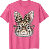 Bunny Face Glasses Bandana Leopard Rabbit Happy Easter T-Shirt in Pink Heather