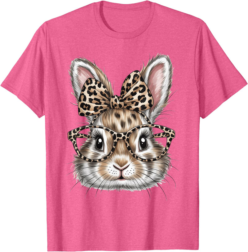 Bunny Face Glasses Bandana Leopard Rabbit Happy Easter T-Shirt in Pink Heather