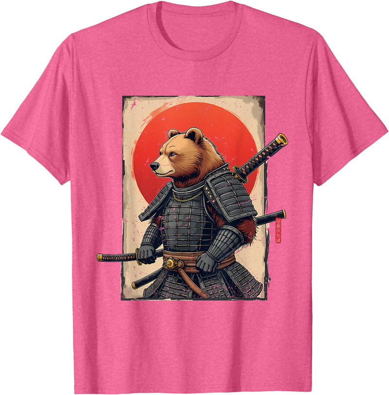 Japanese Samurai Bear Woodblock Art Samurai Brown Bear Ukiyo-e Ink Warrior Art Japanese Bear Art T-Shirt - Pink Heather