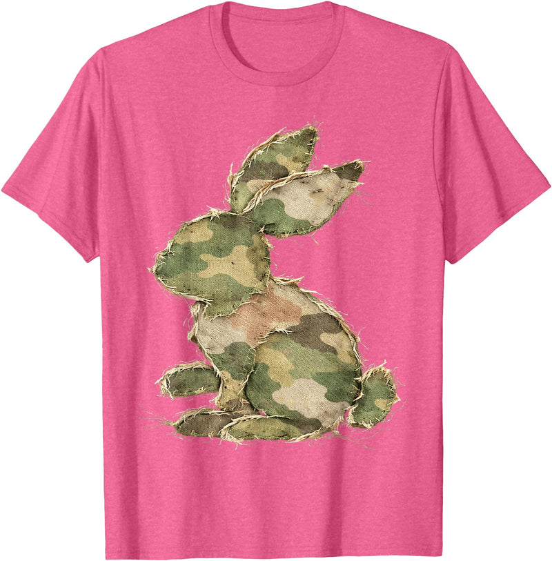 Funny Bunny Crochet Patchwork Camo Rabbit Happy Easter Day T-Shirt in Pink Heather