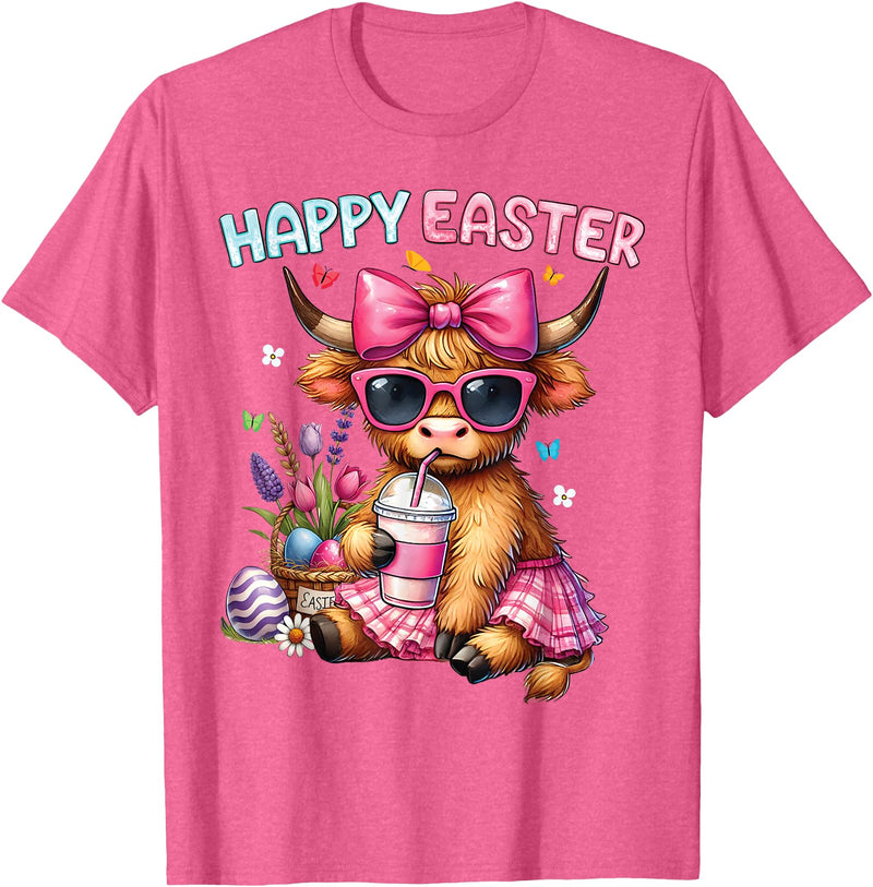 Farm Animal Highland Cow easter Gifts Happy Easter Day Highland Cow Cute Holiday Bunny Women Kids T-Shirt - Pink Heather