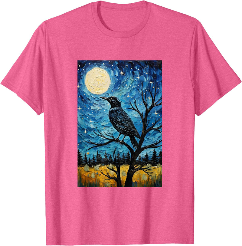 Bird Designs. Magpie Crow Raven Bird Van Gogh Style Starry Night Graphic T-Shirt - Pink Heather