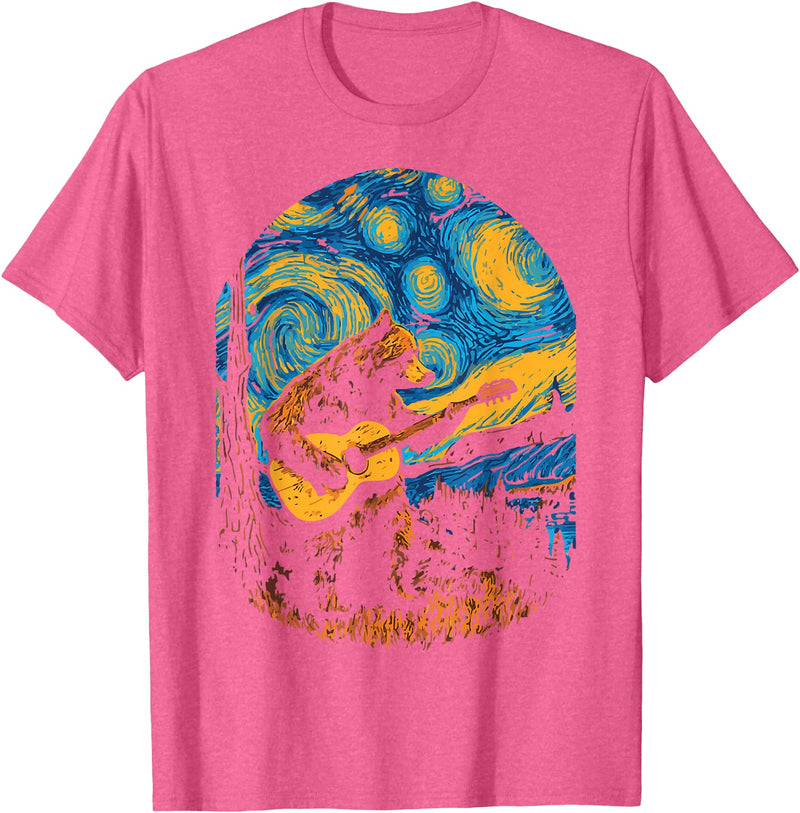 Bear playing Guitar Night-Sky Moon Guitar Grizzly Bear Blues Guitarist Starry Night Musician Music T-Shirt - Pink Heather