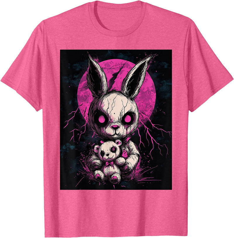 Anime Rabbit Goth Teddy Bear Gothic Anime Bunny T-Shirt in Pink Heather