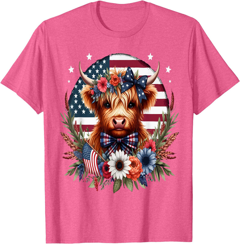 Funny July 4th Highland Cow Farm Lovers Gift Ideas Cute Highland Cow Florals 4th of July USA Flag Patriotic T-Shirt - Pink