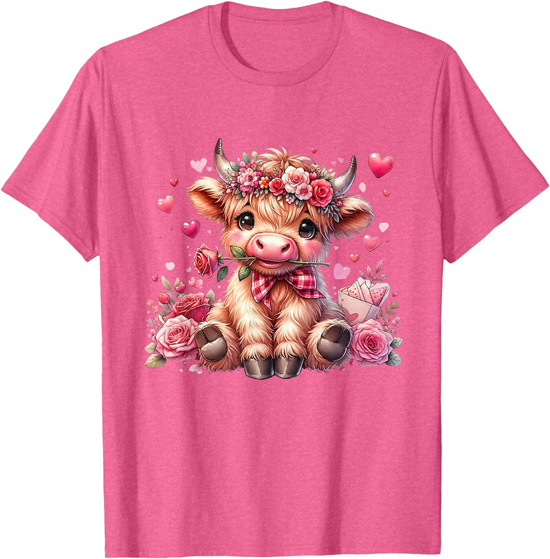Happy Valentine Highland Cow Costume Love Clothing Valentine Highland Cow Print Cute Love Heart Flowers T-Shirt - Pink