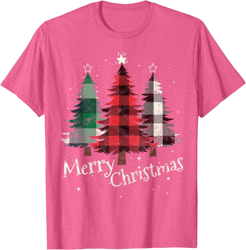 Merry Christmas Apparel Matching Family Clothes Merry Christmas Three Xmas Trees Buffalo Plaid Woman Gift T-Shirt - Pink