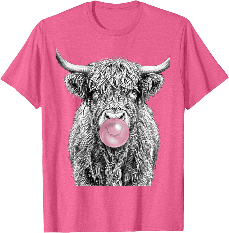 Bovine Bubbles Apparel Shaggy Highland Cow Blowing Bubble Gum Sketch T-Shirt - Pink Heather
