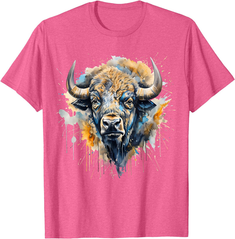 Safari Animal Art Buffalo Portrait Colorful Splash Artwork Wildlife Bison T-Shirt - Pink Heather